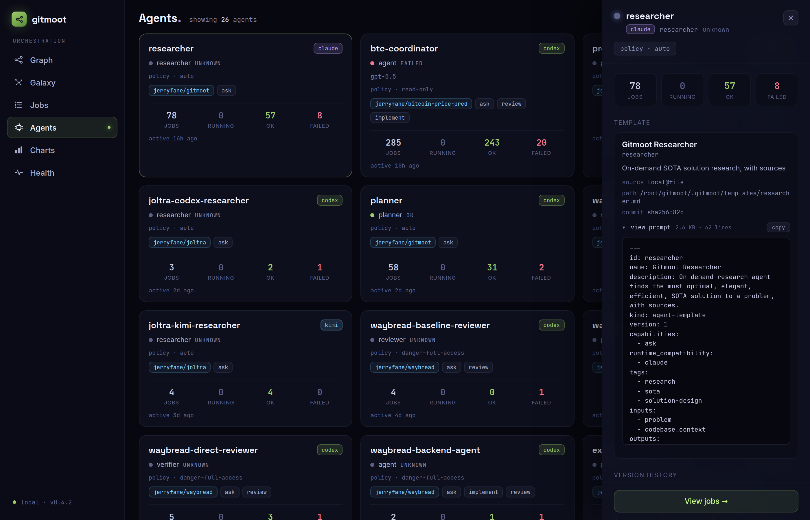 Agent detail: the template card and full prompt viewer with a copy button