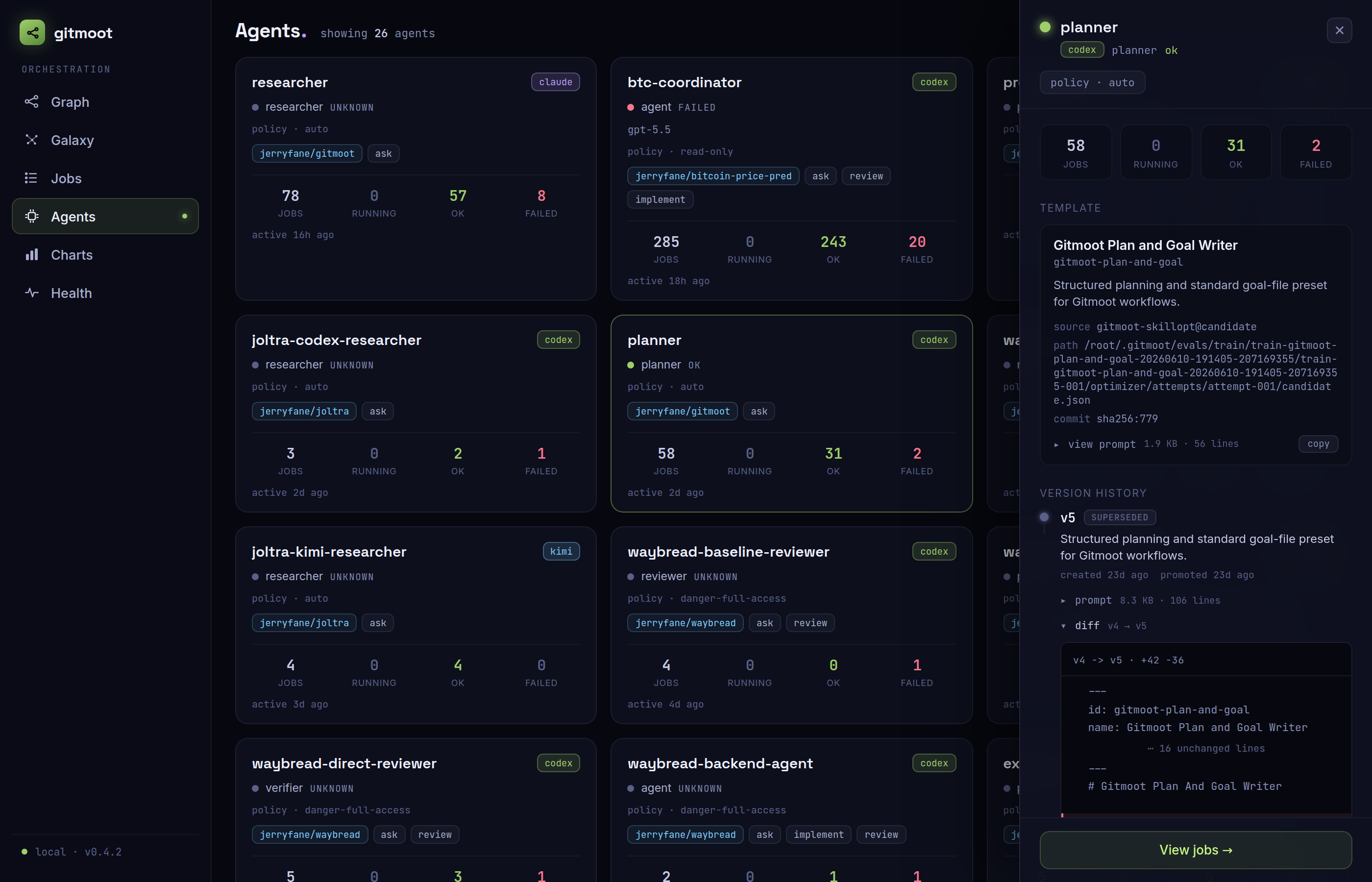 Agent detail: a unified diff between two template versions