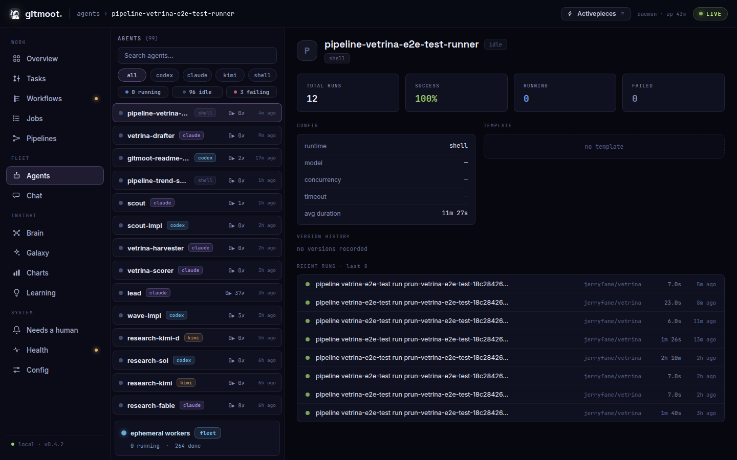 Agents view: a grid of agent cards with per-agent stats