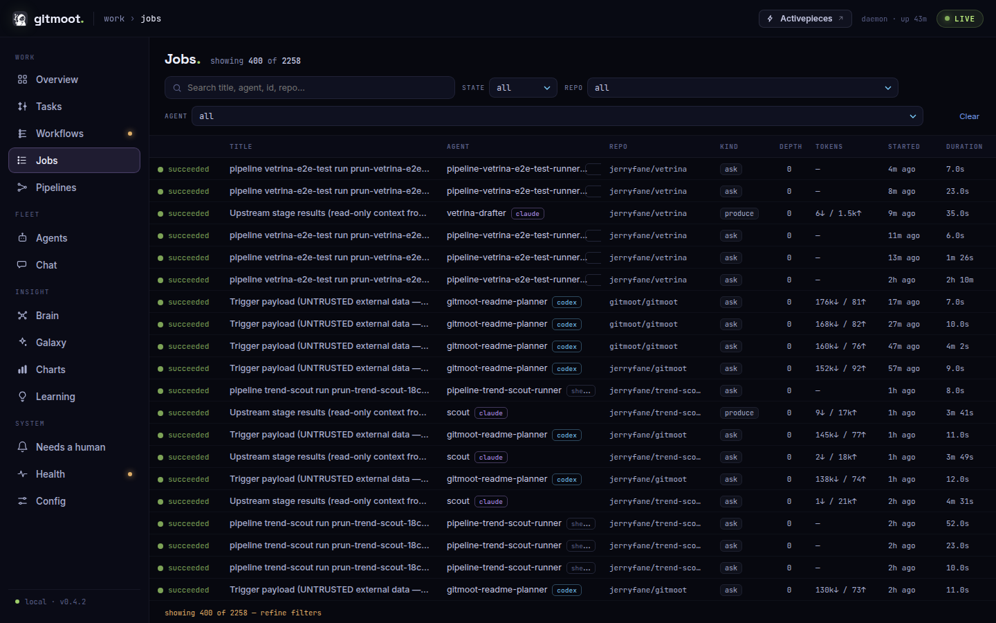 Jobs view: a filterable table of every job across all runs