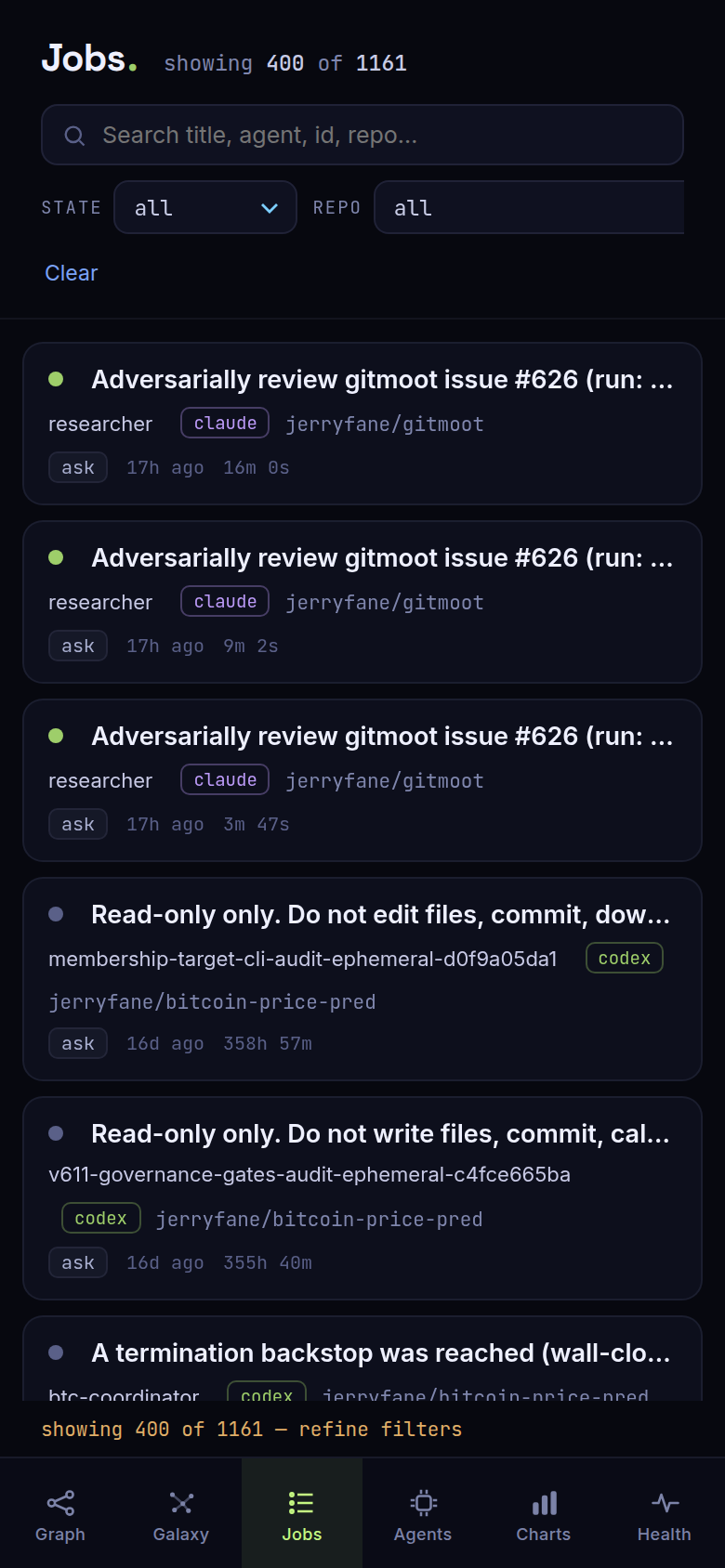 Dashboard Jobs view on mobile